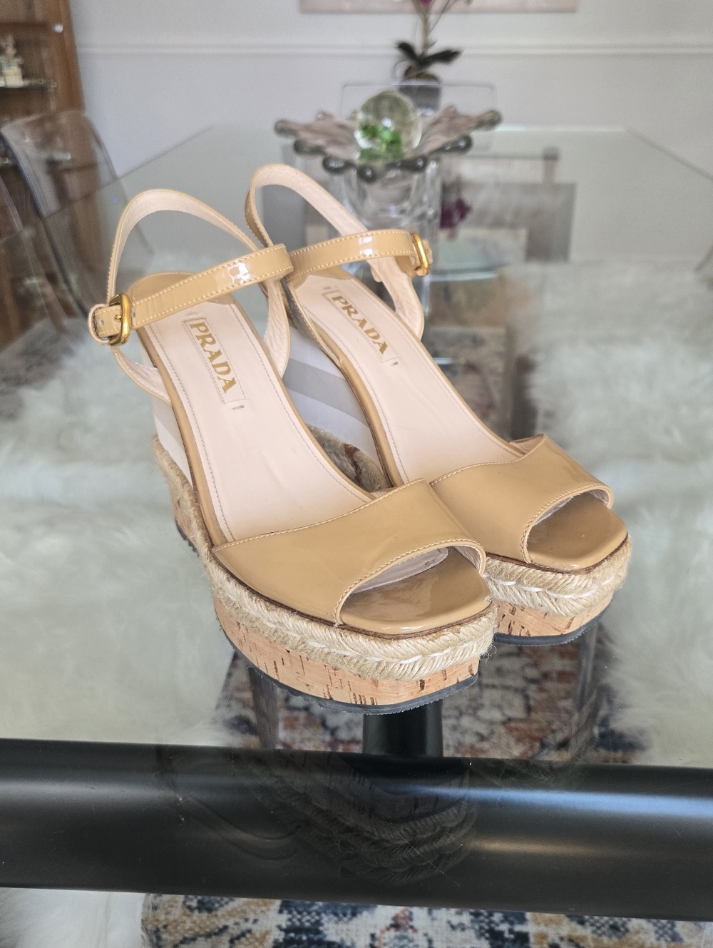 Prada Tan Beige Leather Espadrille Wedge Sandals Square Peep Toe Heels 40